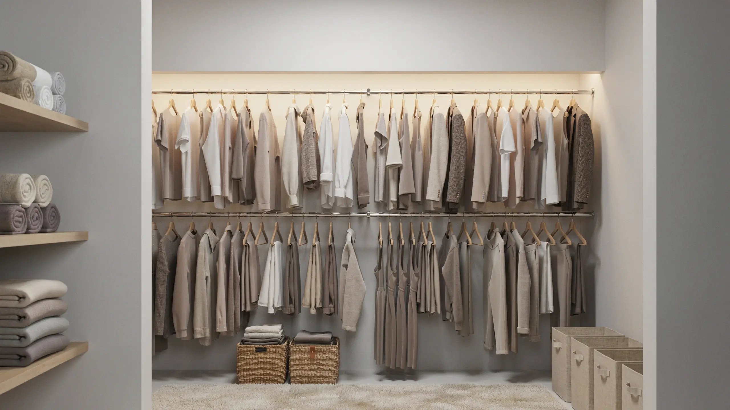 Use tension rods to create hidden closet storage with double hanging clothes, baskets, and organized wardrobe essentials.