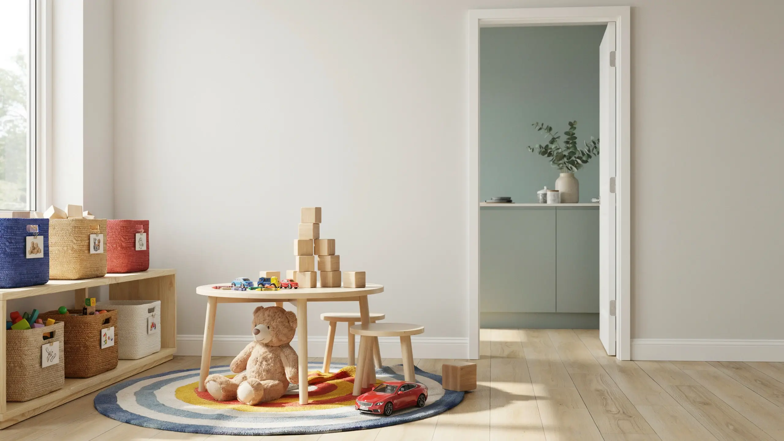 Bright, minimalist children's playroom featuring a round wooden table, teddy bear, wooden blocks, and color-coded storage baskets, demonstrating the One Room Rule for toys.