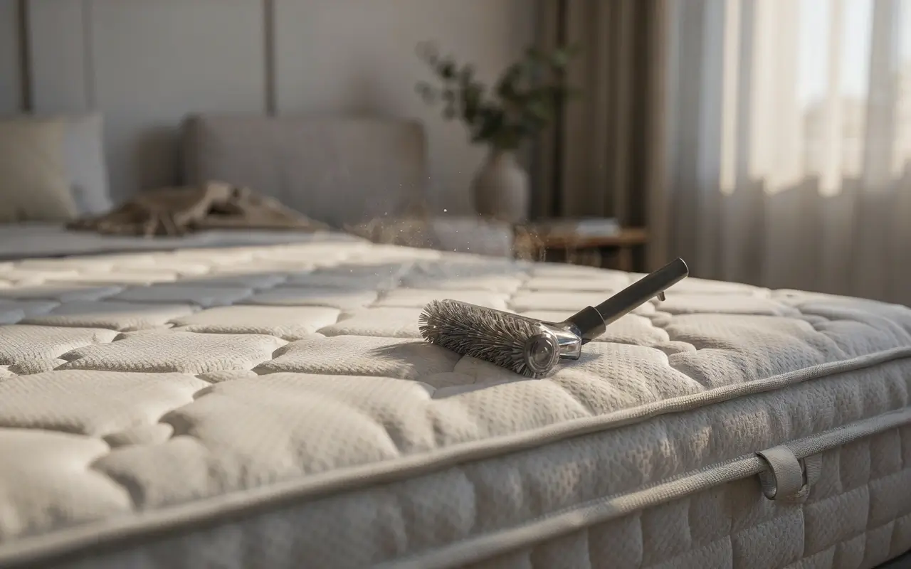 Alt Text: Vacuum brush removing dust from every inch of a quilted mattress during deep cleaning.