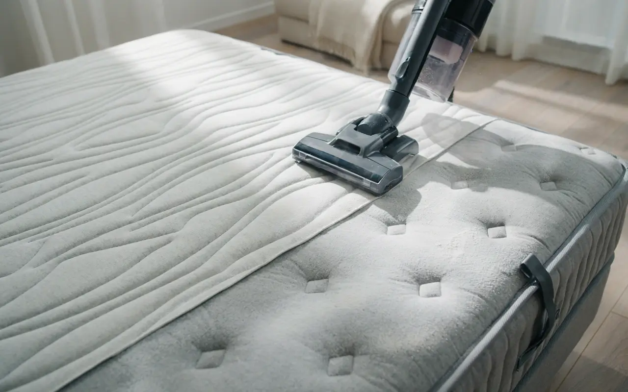 Alt Text: Vacuuming baking soda from a mattress after deodorizing treatment