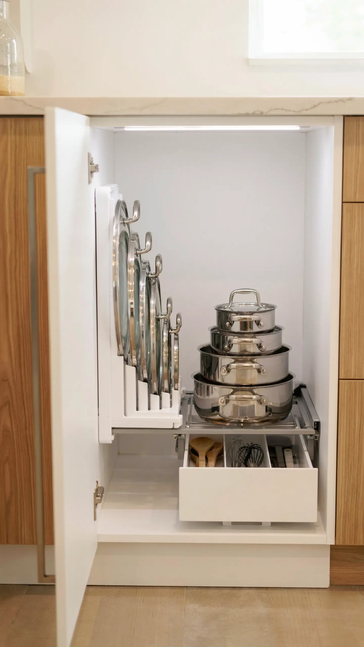 IKEA VARIERA inserts organizing nested stainless steel pots, vertical lid rack, and kitchen utensil drawer inside a white pull-out cabinet. 