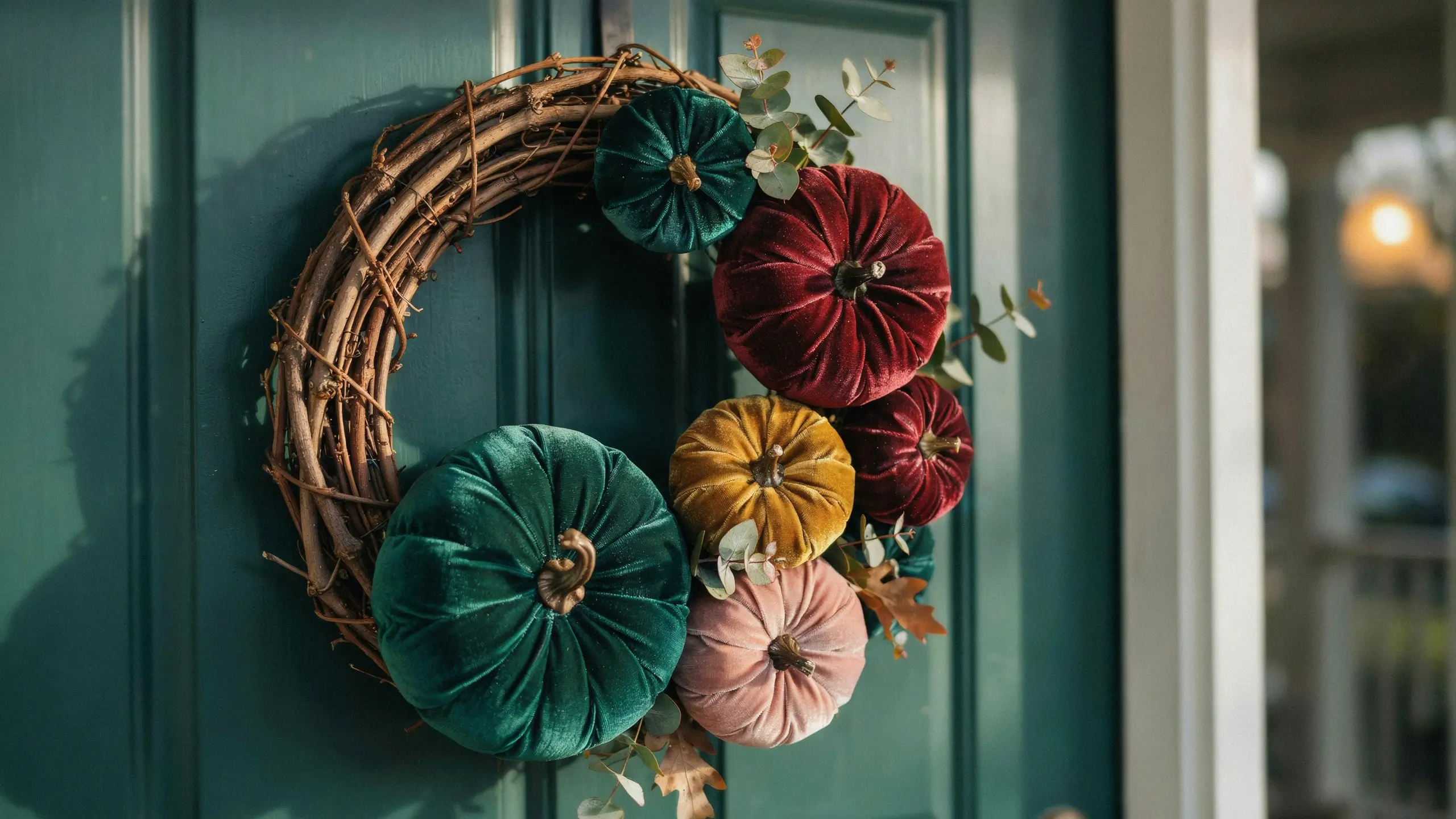 Rustic grapevine wreath featuring a cluster of plush velvet pumpkins in teal, burgundy, mustard yellow, and blush pink, accented with eucalyptus leaves on a dark teal front door