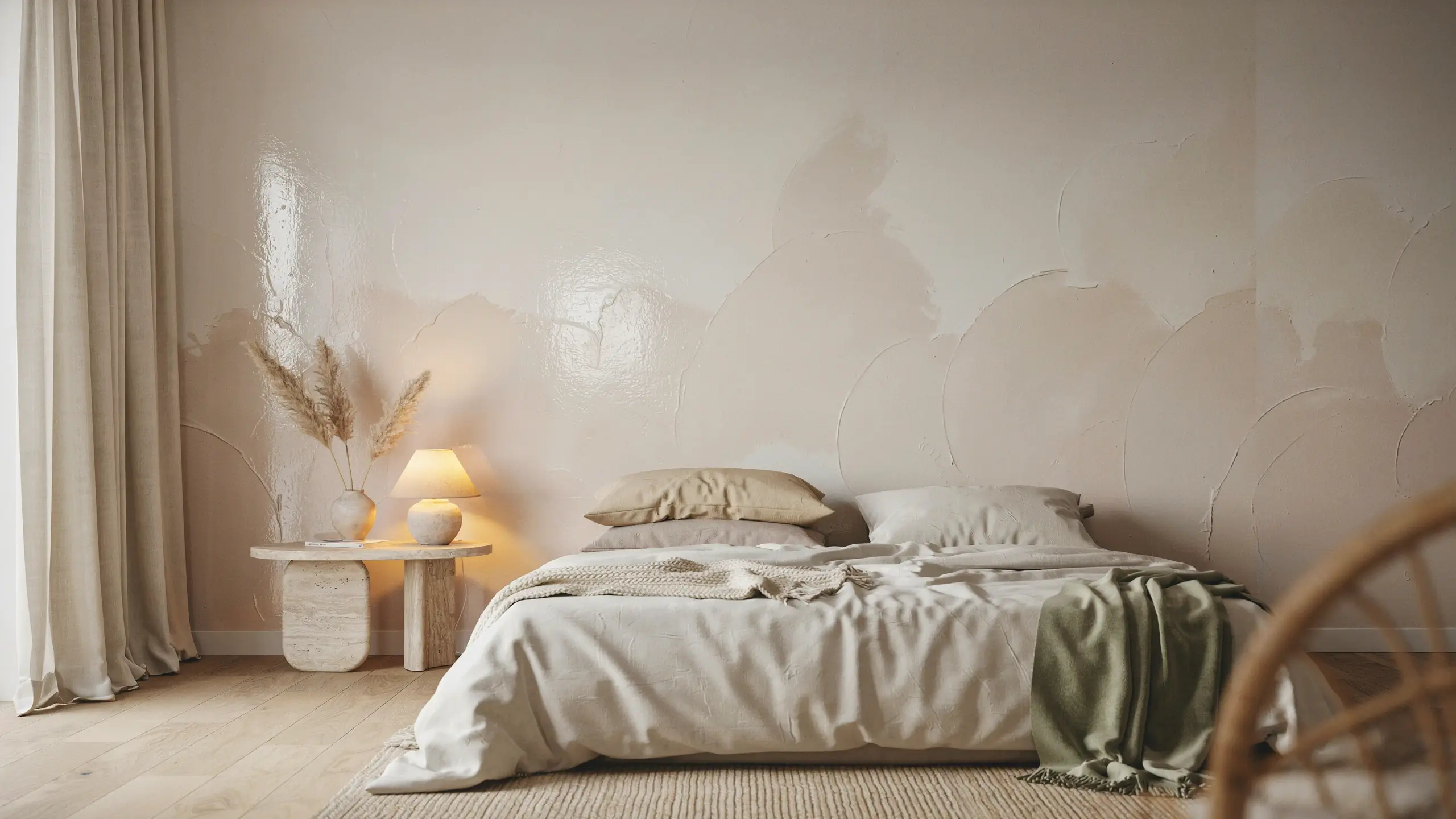 "Warm minimalist bedroom featuring a textured Venetian plaster accent wall, beige bed linens, olive throw blanket, and round stone nightstand." 