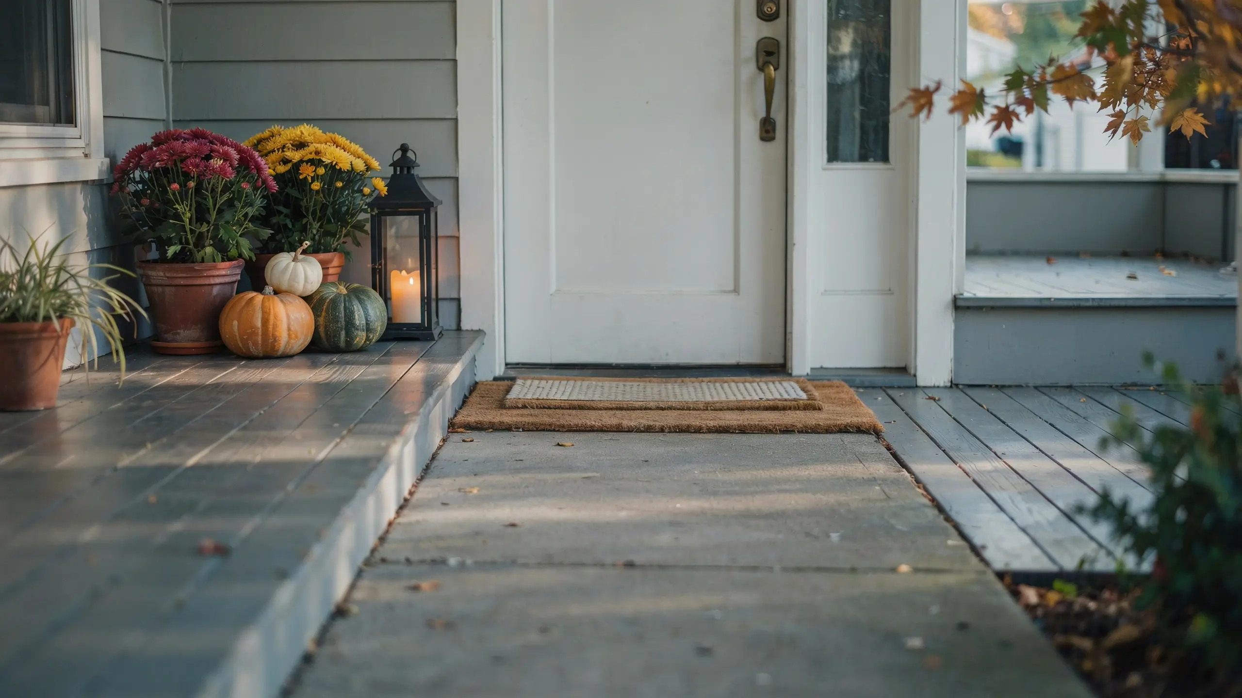 Alt Text: Small fall porch with stacked pumpkins, potted mums, and a lantern arranged vertically beside the front door.
