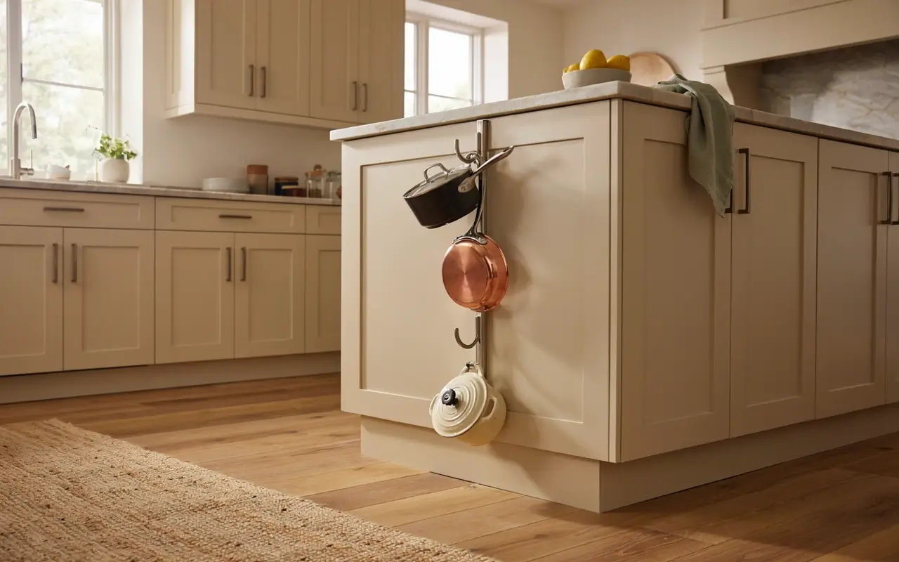 Beige kitchen island with a vertical pot rail holding pans to free drawer space in a small L-shaped kitchen.