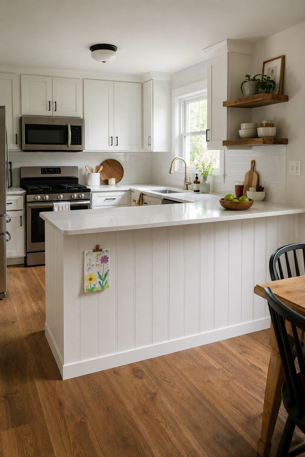 White kitchen peninsula with vertical shiplap outer panel and quartz counter in a bright L-shaped kitchen.