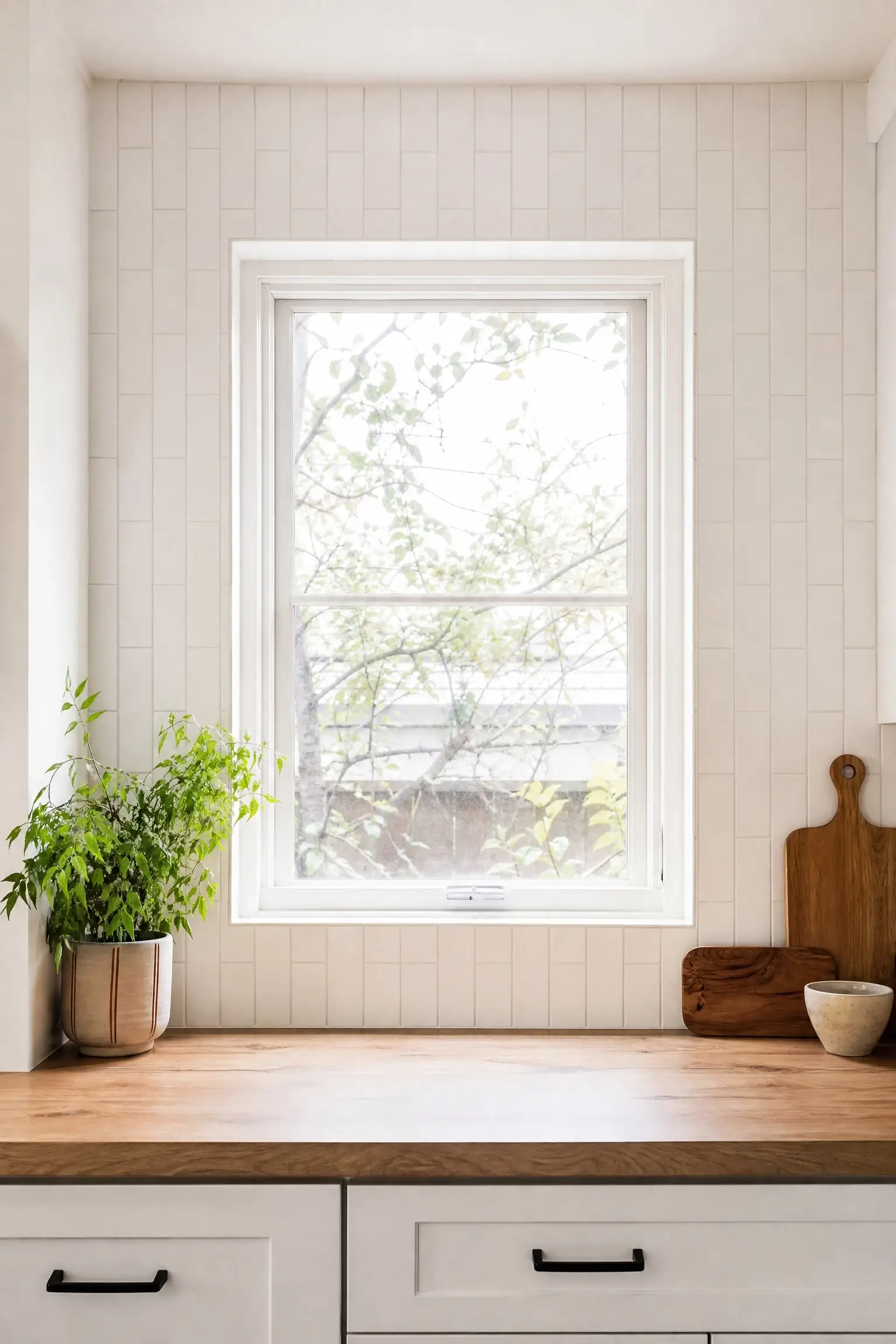 Kitchen window framed with vertical white subway tile, wood counter, plant, and cutting boards