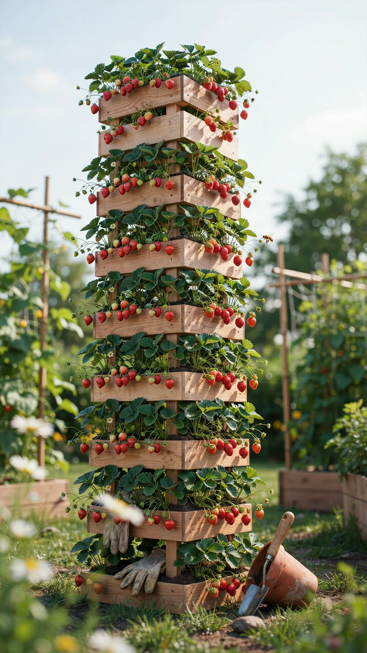 A wooden tiered vertical planter box growing lush ripe red strawberries and green foliage in a sunny outdoor garden, with gardening gloves and a trowel nearby.