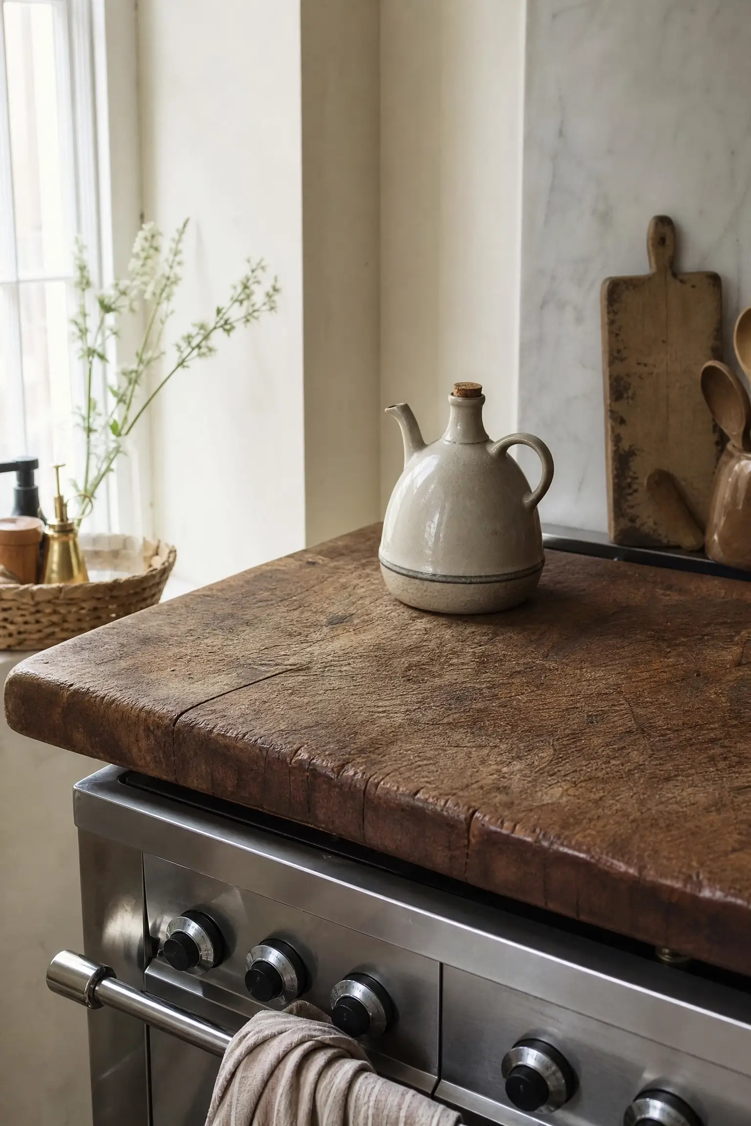 Vintage breadboard covering a stovetop with a ceramic cruet, adding rustic wood warmth to the kitchen.