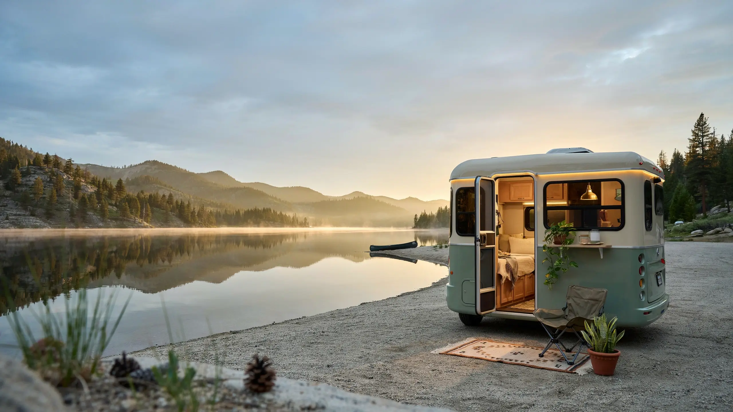 Vintage mint-green camper parked on gravel shore by misty mountain lake at sunrise, featuring open door, cozy interior, and outdoor camping chair. 