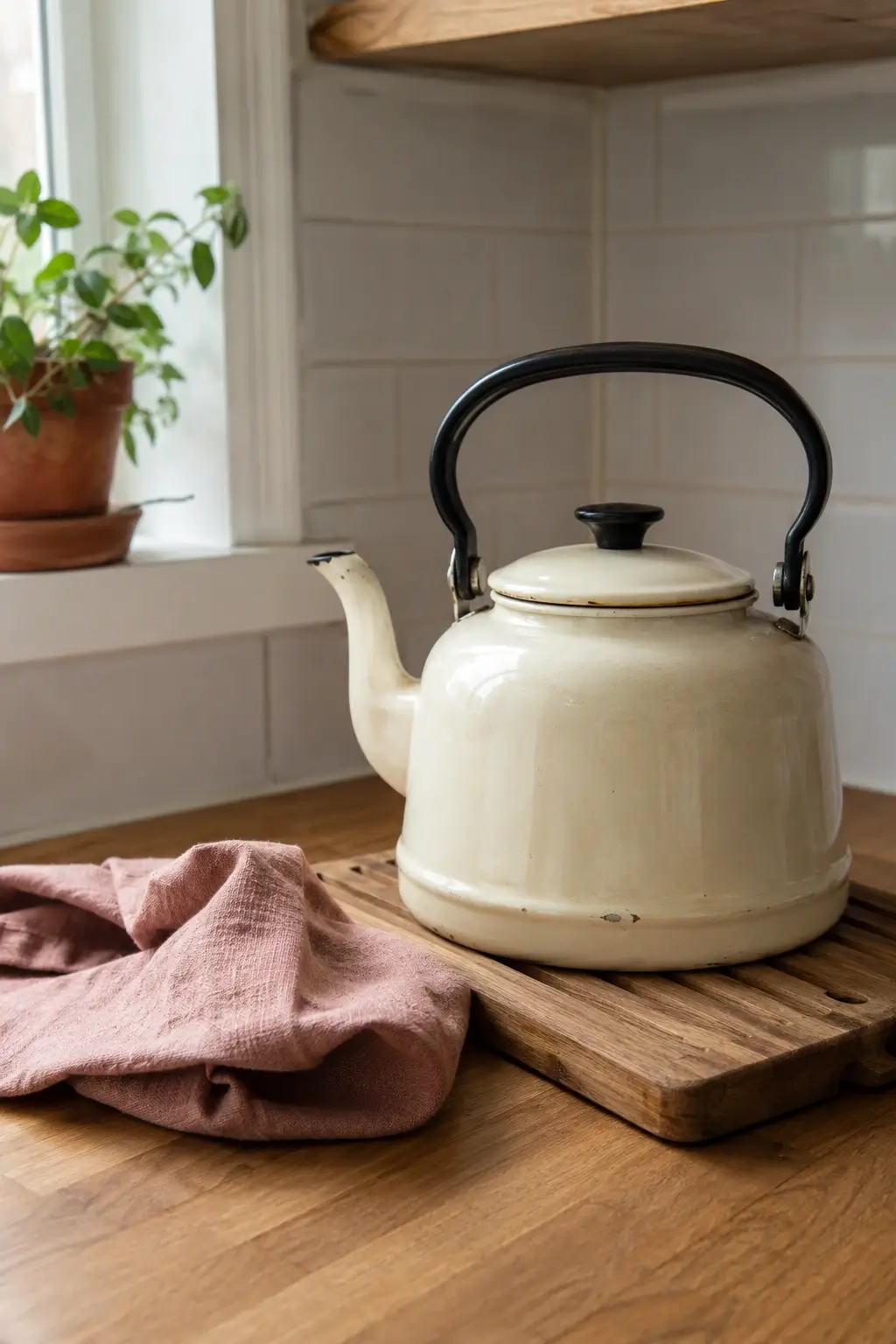 Vintage cream kettle on a wooden trivet with a dusty pink tea towel in a cozy kitchen corner.