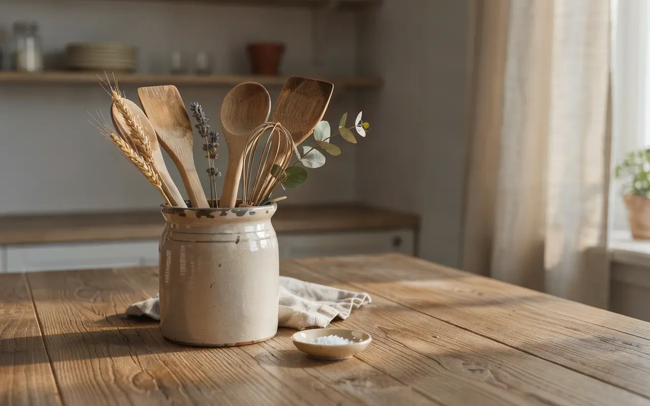 Vintage crock holding wooden utensils and dried stems on a rustic kitchen table.