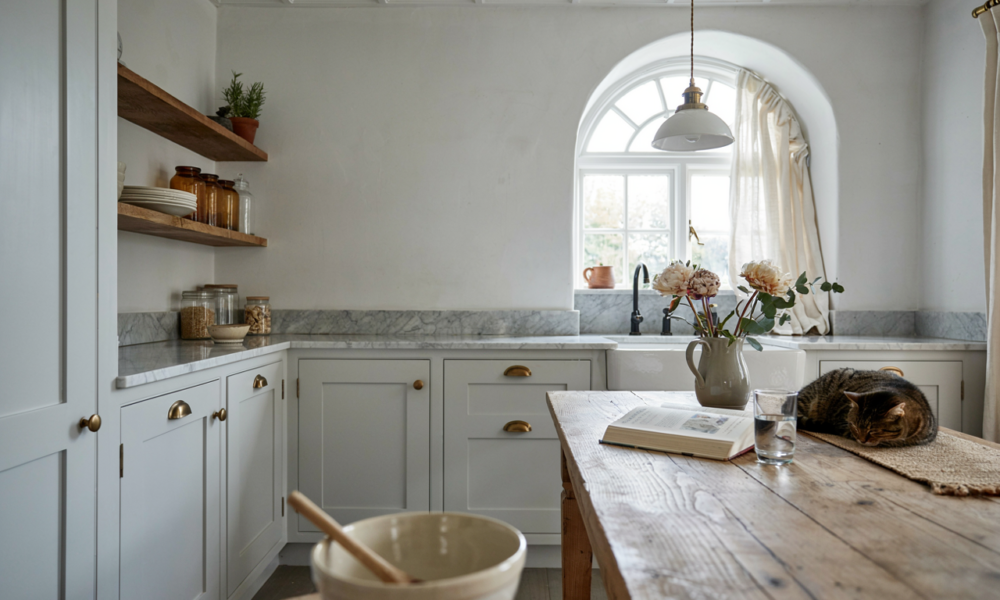 Vintage farmhouse kitchen with white cabinets, marble counters, open wood shelves, arched window, and cat on rustic table.
