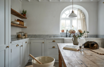 Vintage farmhouse kitchen with white cabinets, marble counters, open wood shelves, arched window, and cat on rustic table.
