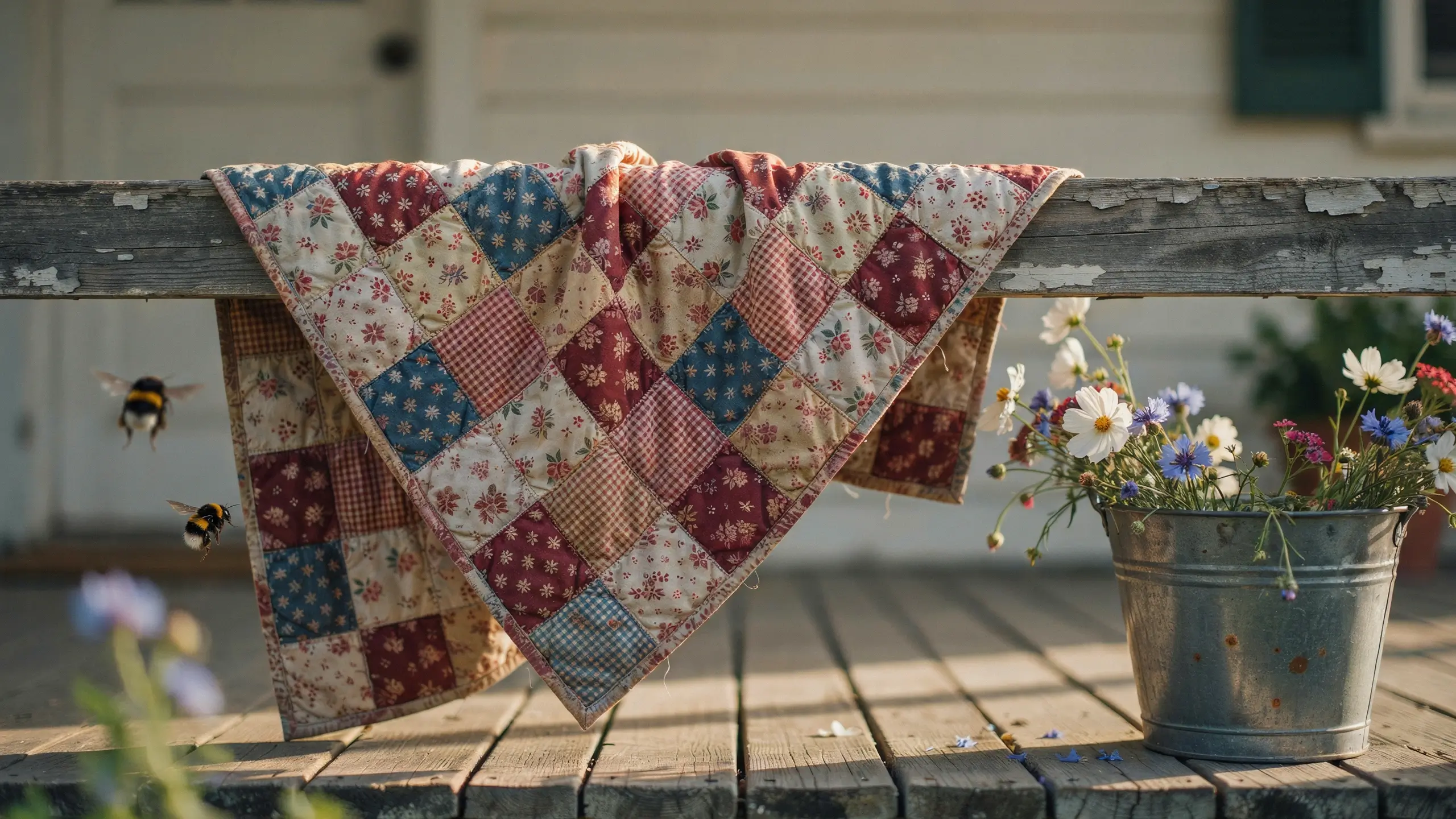 A vintage red, white, and blue feedsack style patriotic quilt draped over a weathered wooden porch railing, accompanied by a rustic galvanized bucket of wildflowers and hovering bumblebees.