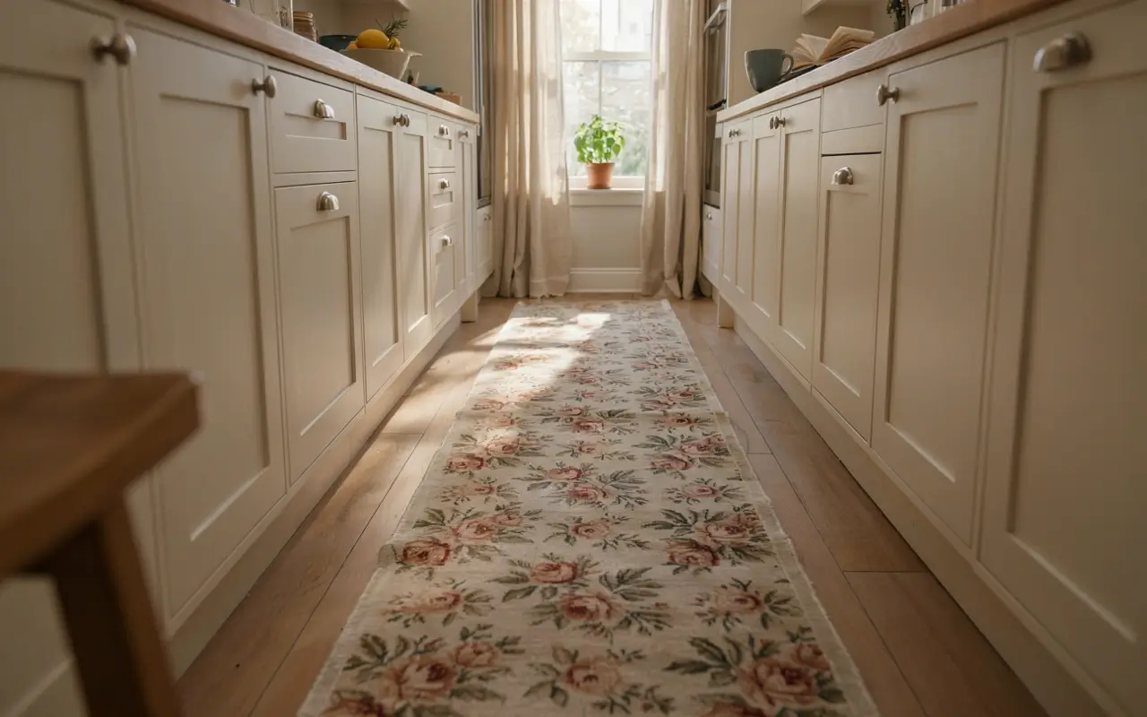 Vintage floral runner rug down a narrow galley kitchen aisle with cream cabinets and soft window light.