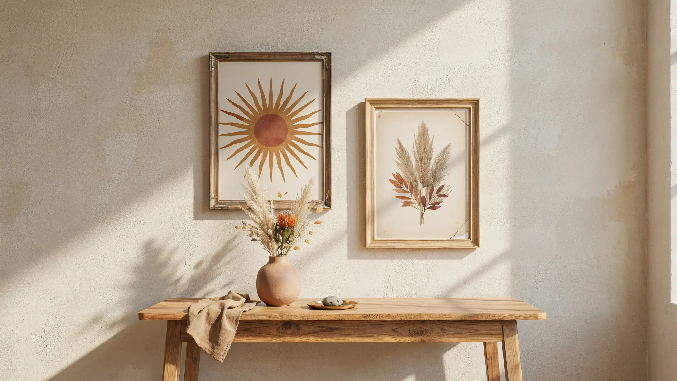 Vintage or global-inspired art in warm tones featuring framed sun and botanical prints hanging above a rustic wooden table with terracotta vase and dried pampas grass.