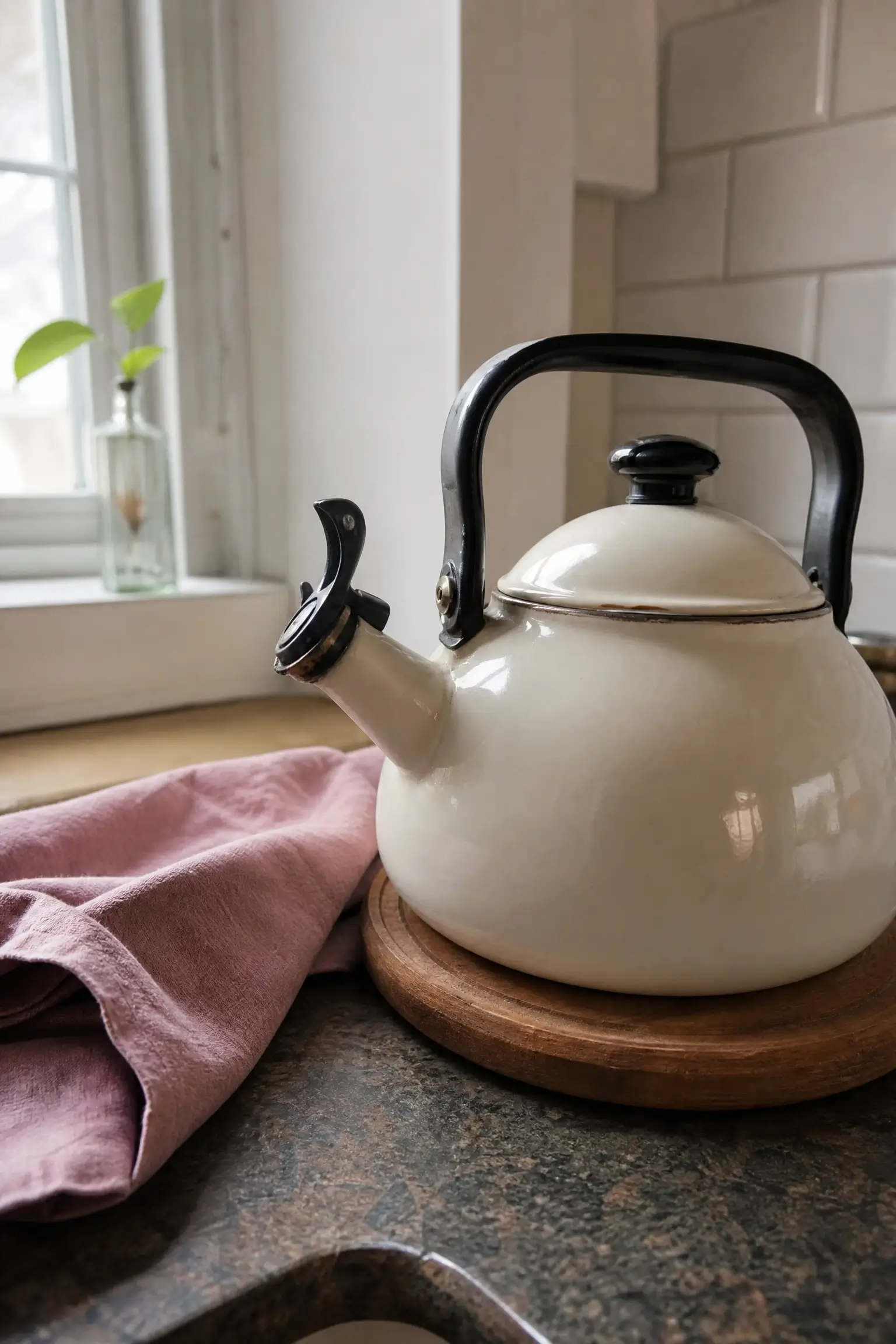 Vintage cream kettle on a wood trivet beside a soft pink tea towel in a cozy kitchen.