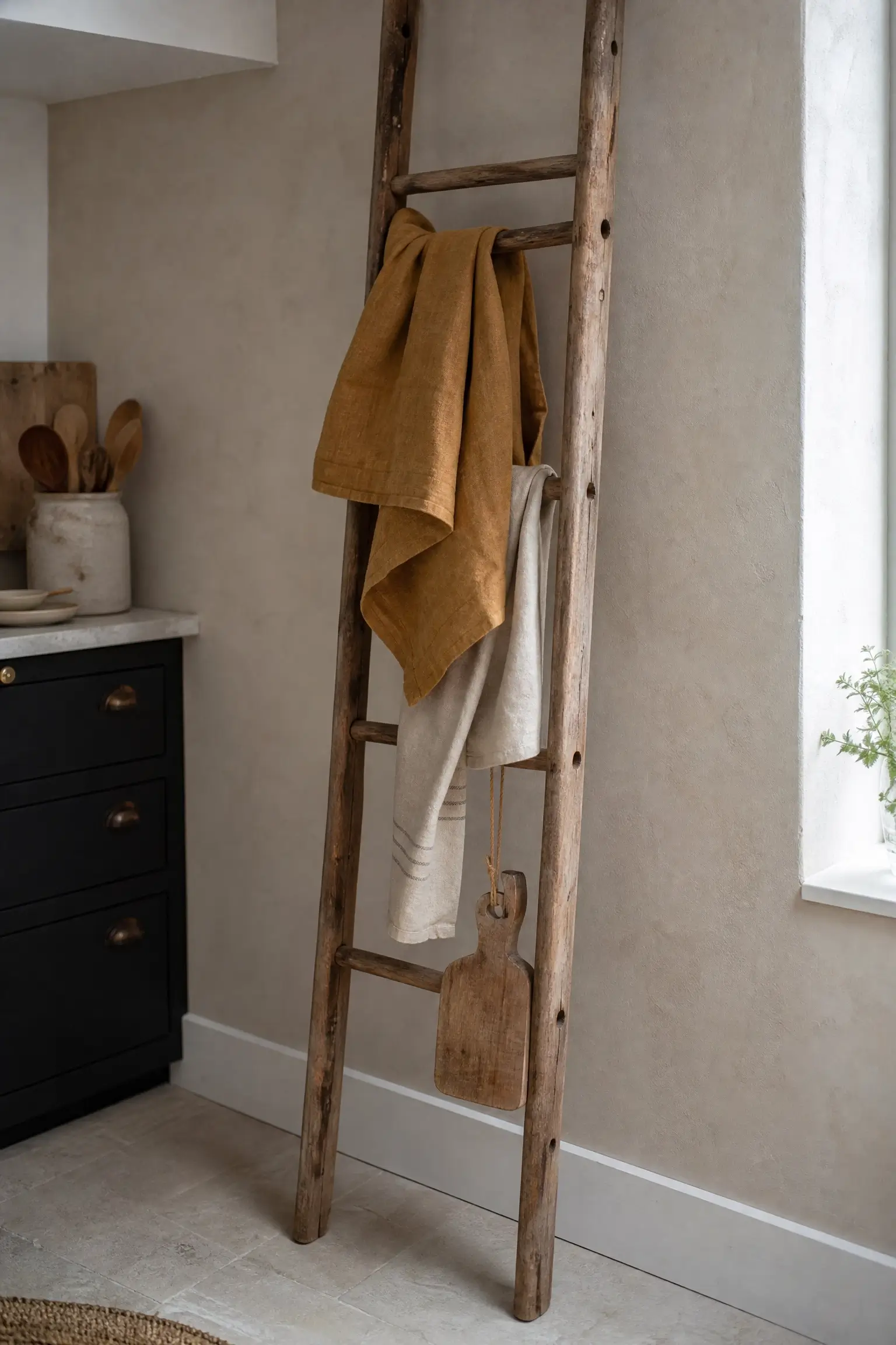 Rustic vintage wooden ladder leaning against kitchen wall holding folded mustard yellow and linen tea towels with a small hanging cutting board. 