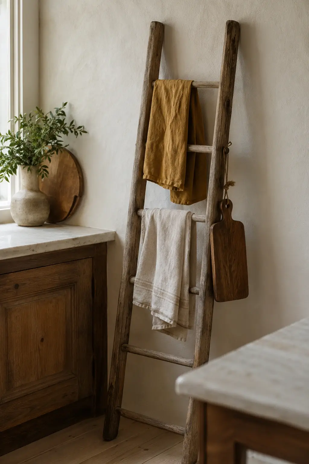 Vintage wooden ladder holding ochre and cream tea towels and a cutting board in a rustic kitchen corner.