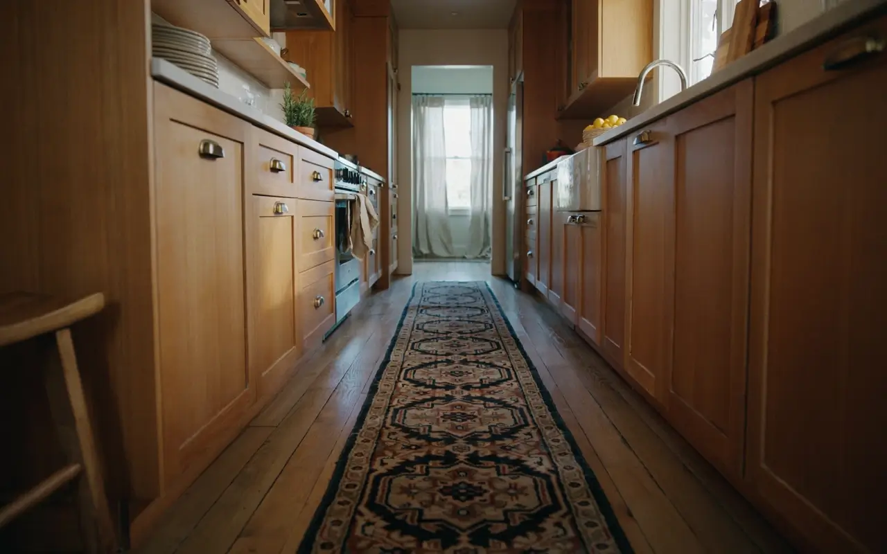Warm galley kitchen with wood cabinets and a vintage runner creating a designed path down the aisle.
