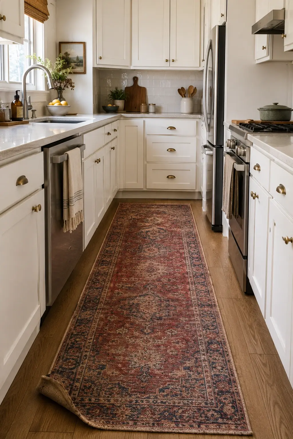 Vintage red runner rug in a narrow white galley kitchen creating a warm designed walkway.