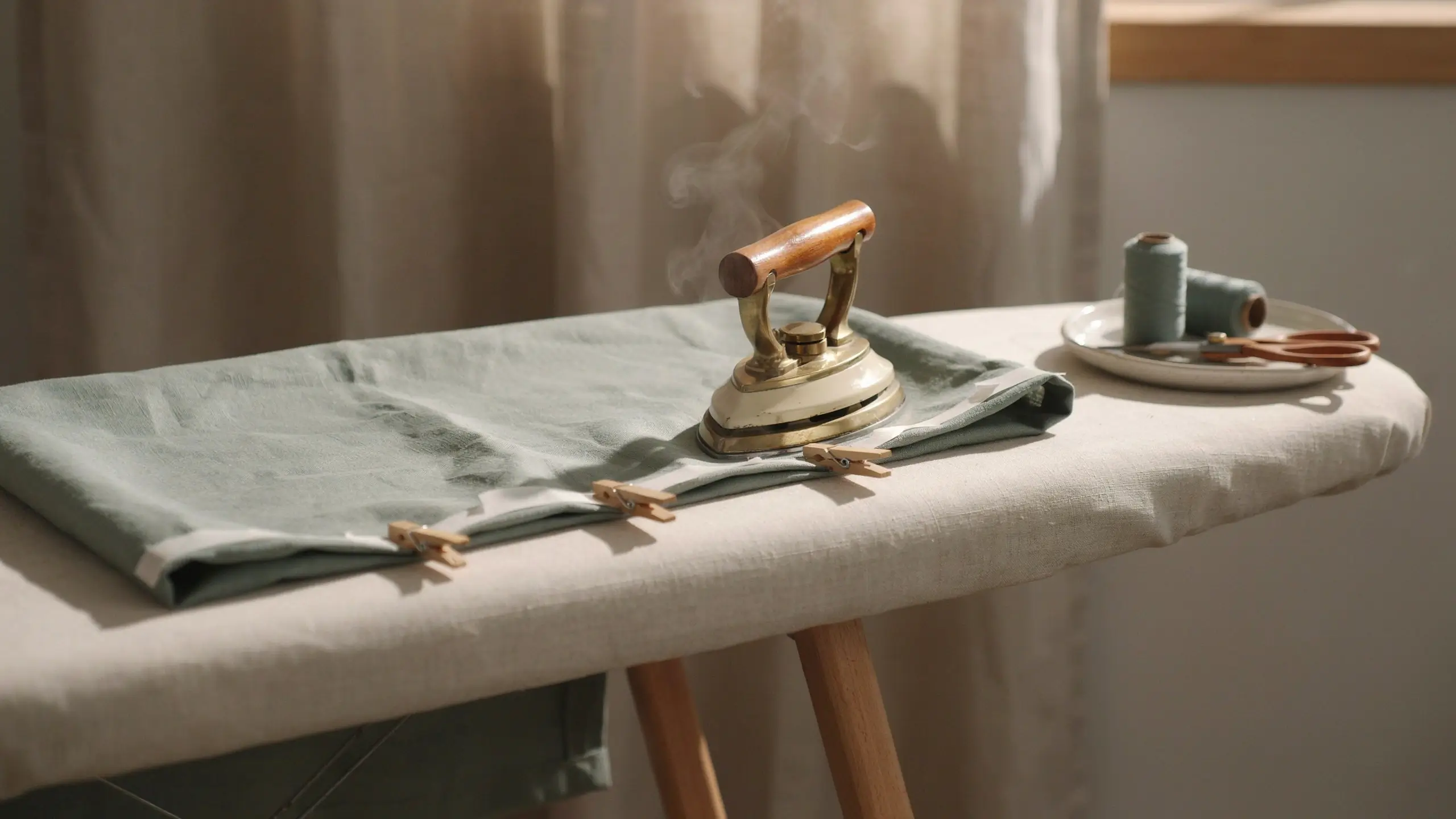 A vintage steam iron pressing folded sage green linen secured by wooden clothespins, demonstrating a traditional manual hemming process without using a sewing machine.