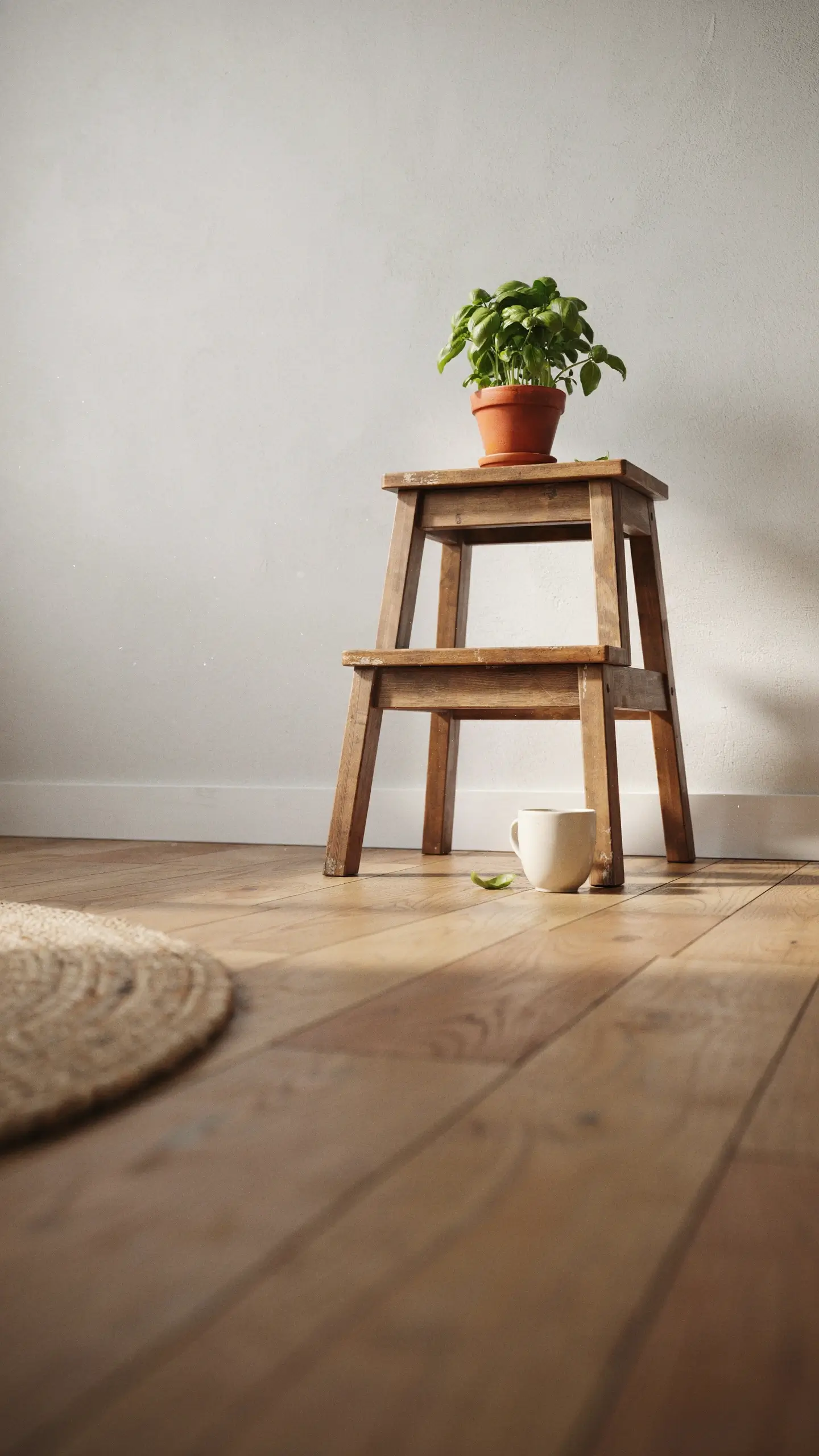 Vintage wooden step stool used as a plant perch with a terracotta potted herb in a cozy corner.