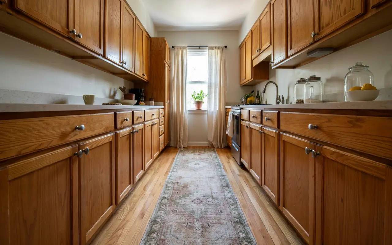Vintage runner in a narrow hickory galley kitchen grounding warm wood floors and busy cabinet grain.