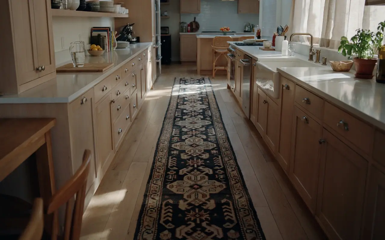 Vintage-style runner defining the walkway in a long galley kitchen with warm wood cabinets and white counters.