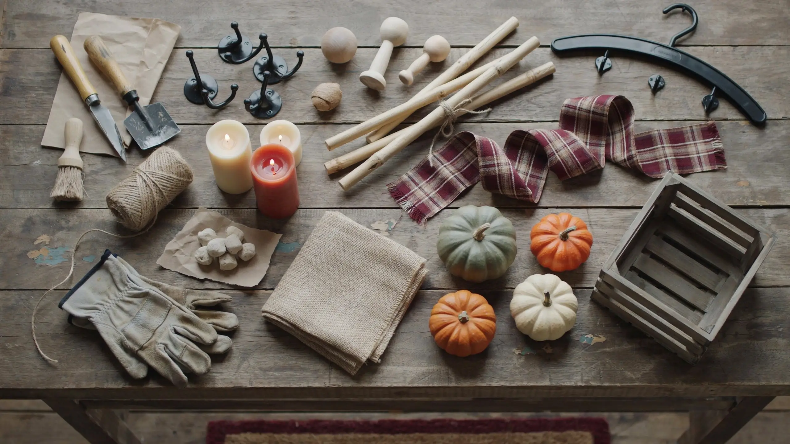 Alt Text: Fall front porch with stacked pumpkins, potted mums, apples, and a vintage lantern beside a dark green door.