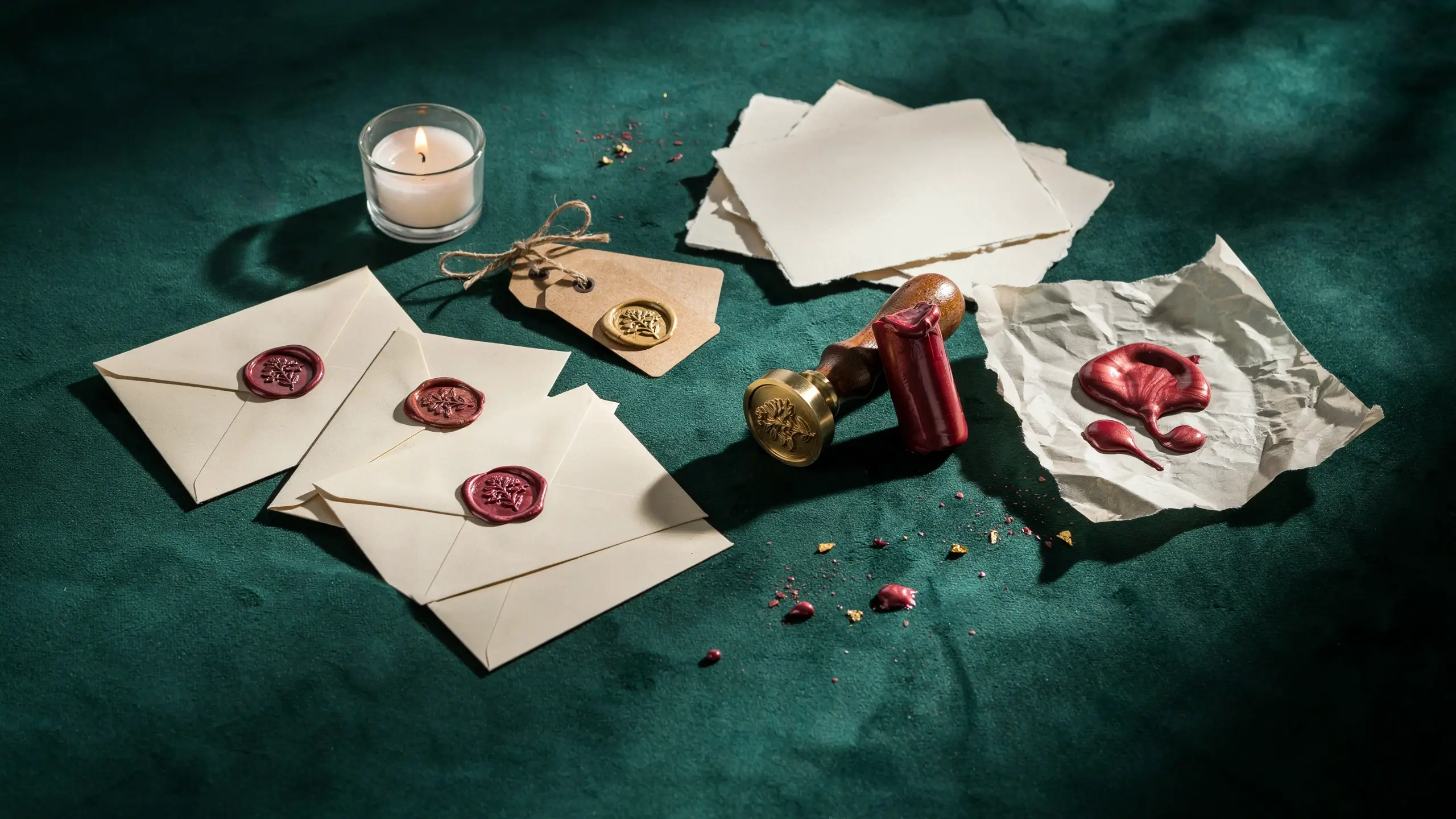 Vintage wax seal stationery set on a dark green velvet background, featuring cream envelopes sealed with red wax, a brass and wood wax seal stamp, a red wax stick, melted wax splatters, a lit candle, and kraft paper tags tied with twine. 