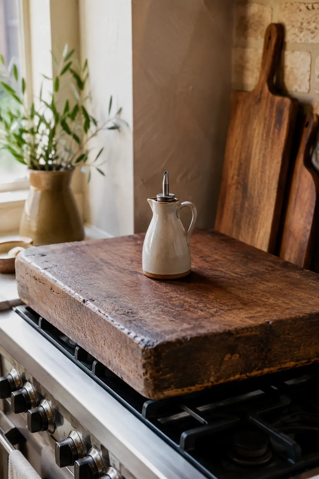 Vintage wooden breadboard used as a stovetop cover with a ceramic oil cruet in a warm kitchen