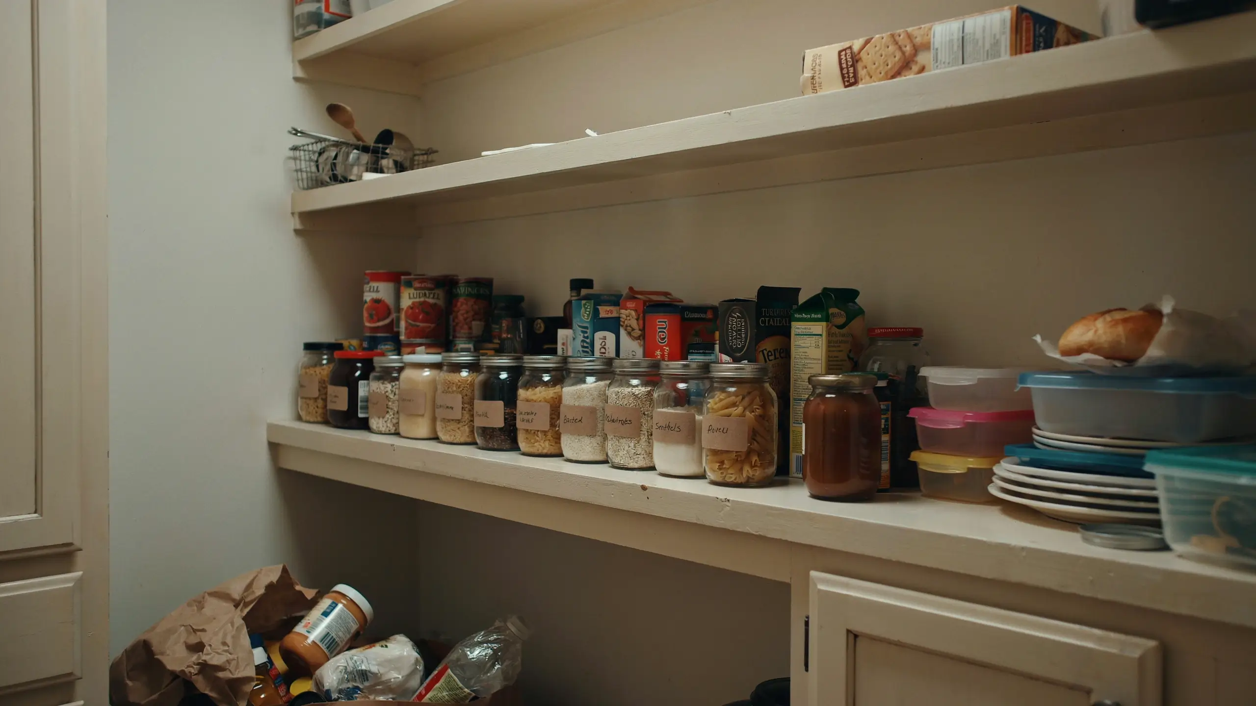 Disorganized walk-in pantry floor showcasing common storage mistakes like loose grocery bags and bulk items, contrasted with organized labeled dry goods jars on the middle shelves.