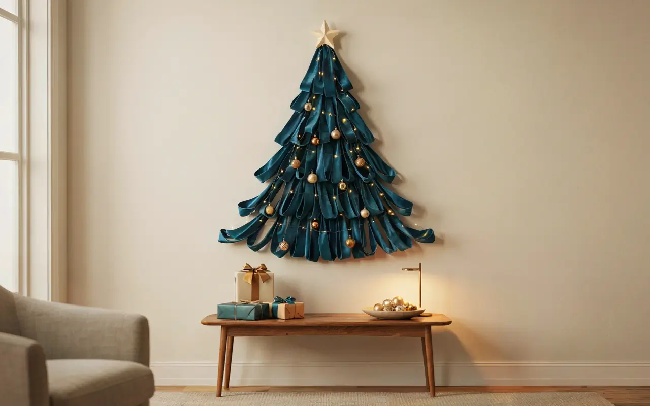 Teal wall-mounted ribbon Christmas tree with gold ornaments in a small living room.