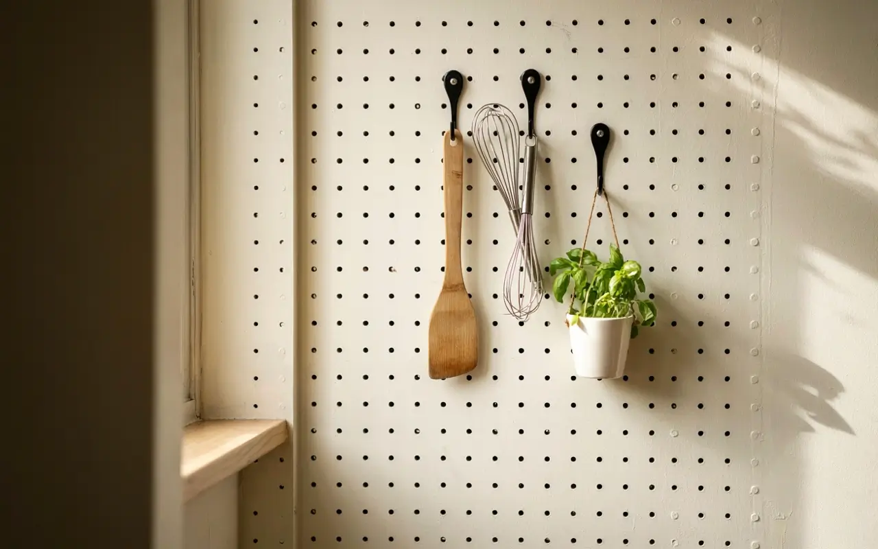 Wall-colored kitchen pegboard holding utensils, a whisk, and a hanging herb pot beside a sunny window.