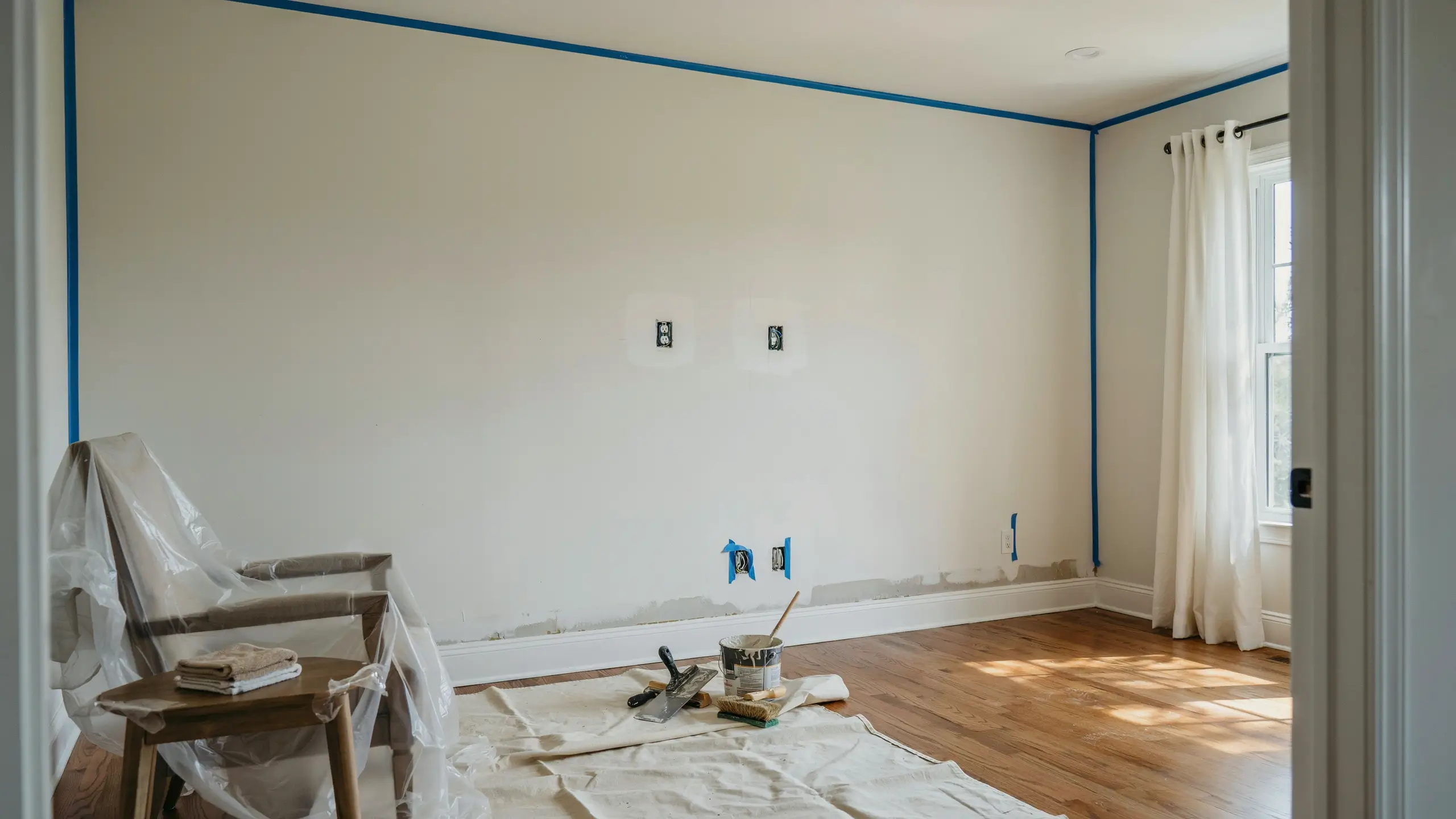 Interior wall painting preparation with blue painter's tape on trim and outlets, a chair draped in plastic, and painting tools laid out on a drop cloth for a DIY home renovation.