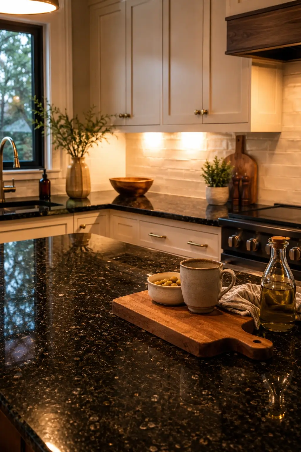 Warm 2700K under-cabinet lights glowing over black granite countertops in a cream kitchen.