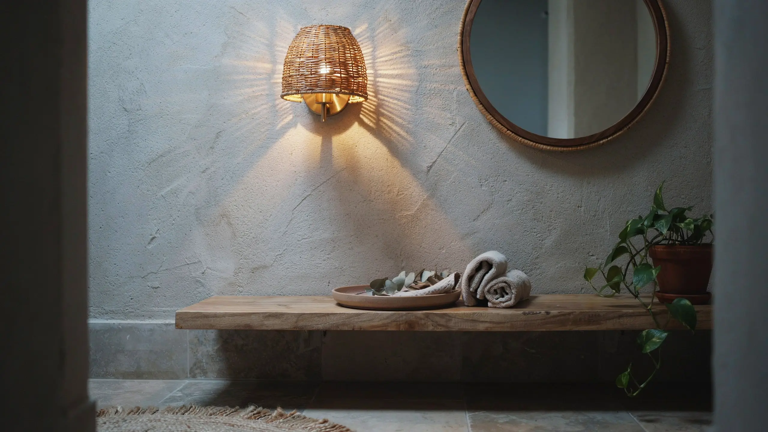 A warm bulb lighting fixture featuring a woven rattan shade and brass base, casting a dramatic starburst shadow on a textured gray wall. The ambient light illuminates a wooden floating shelf holding a terracotta tray with eucalyptus, rolled spa towels, and a potted pothos plant.