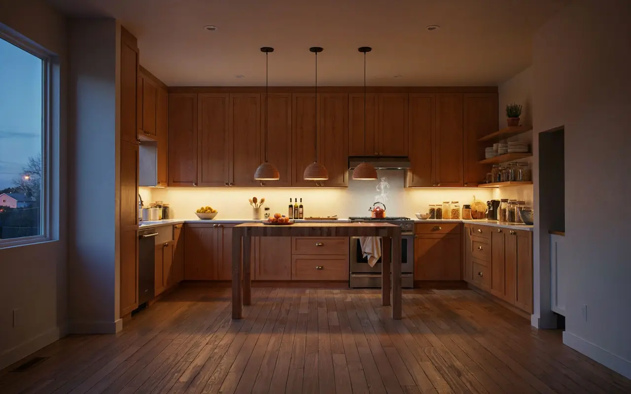 Warm wood kitchen with dimmed pendant lights and under-cabinet LEDs creating an even cozy glow.