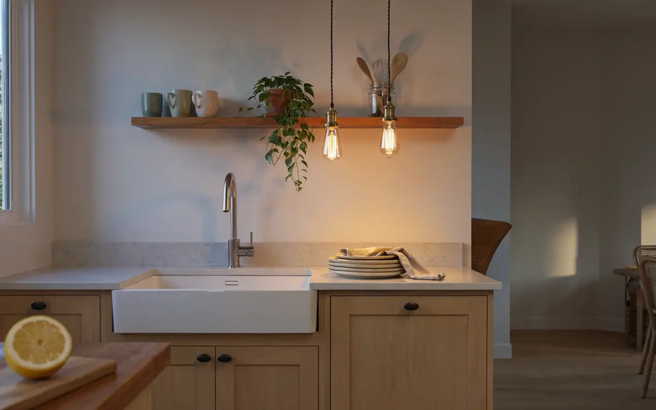 Warm filament pendant lights above a farmhouse kitchen sink with open wood shelving and neutral cabinets.