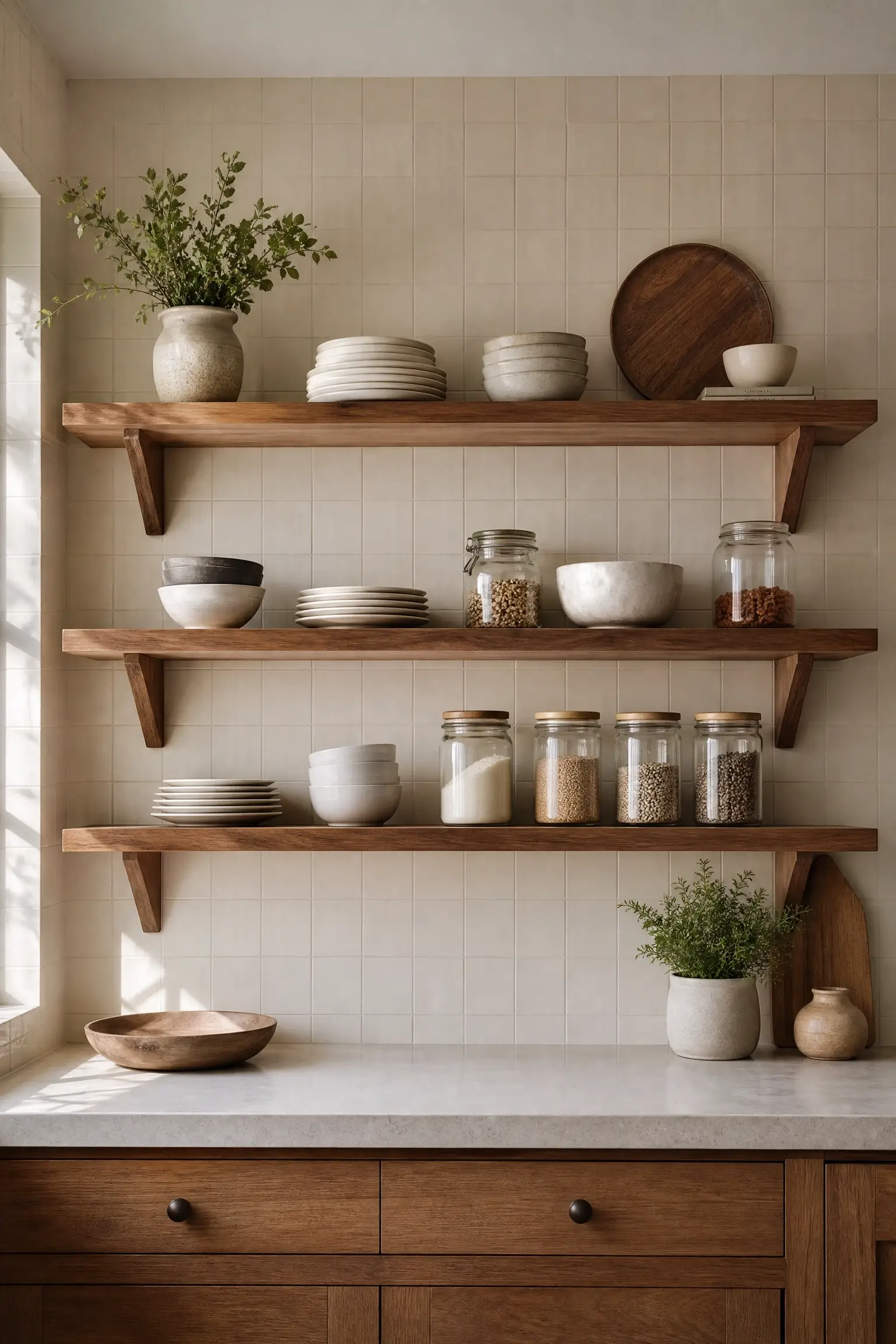 Open wood kitchen shelves on a warm glazed tile wall styled with ceramic dishes, pantry jars, and greenery.