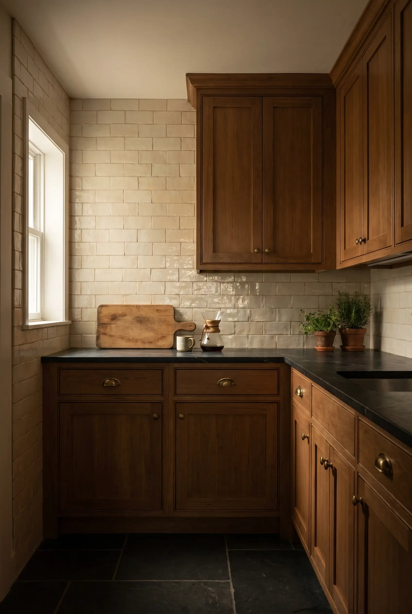 Small kitchen with warm ivory ceramic tile walls, wood cabinets, and black countertops reflecting soft light.