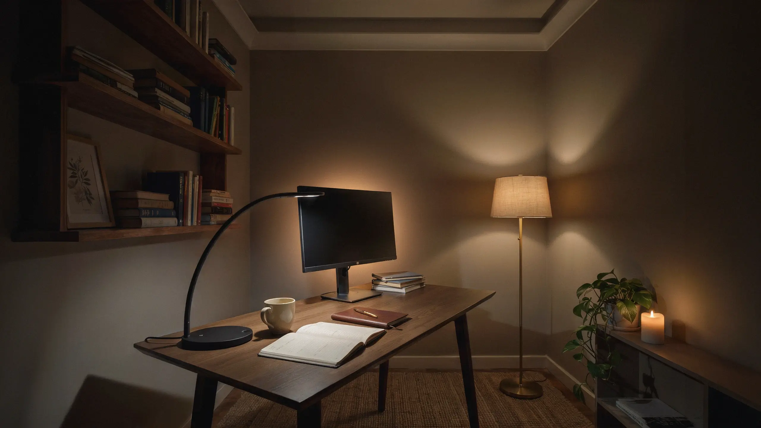 Cozy home office workspace with layered warm lighting from a floor lamp, desk lamp, and lit candle for ambient atmosphere.