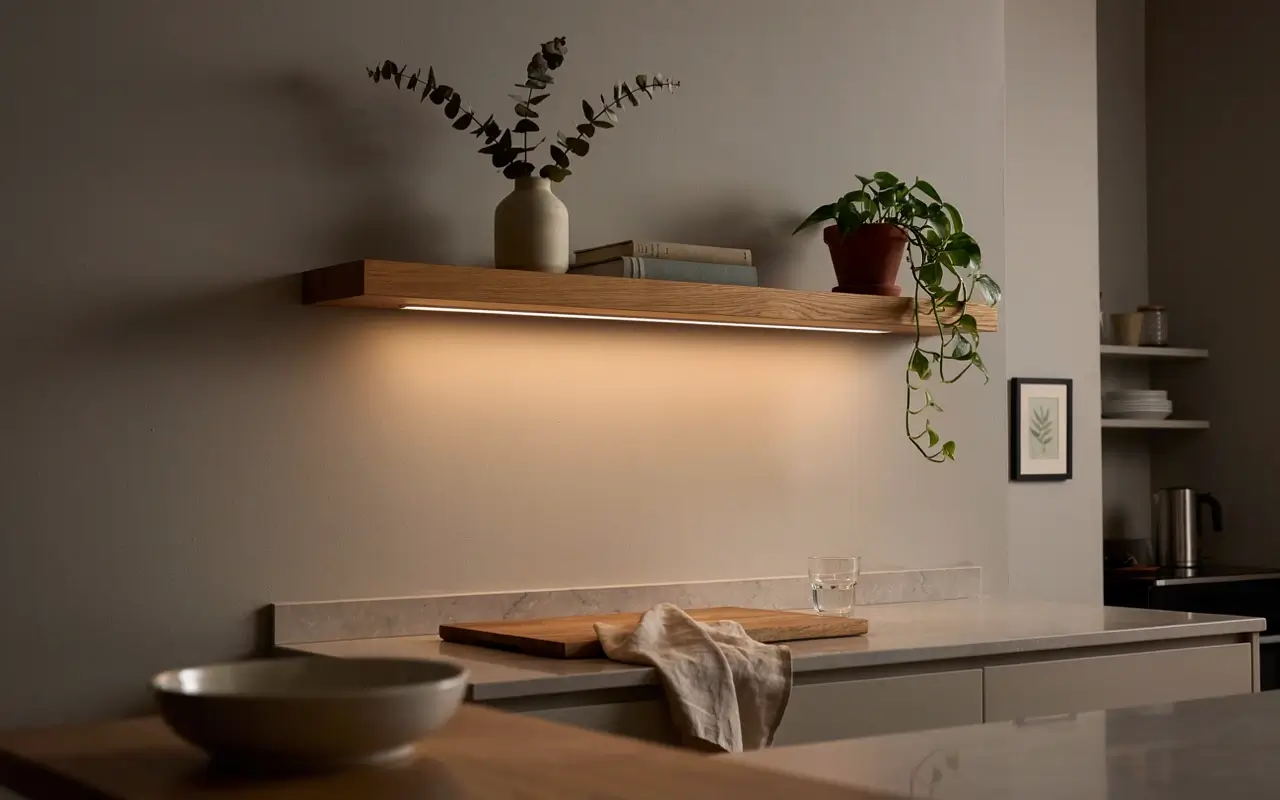 Floating wood kitchen shelf with warm LED strip lighting, plant, vase, and cutting board on a neutral wall.