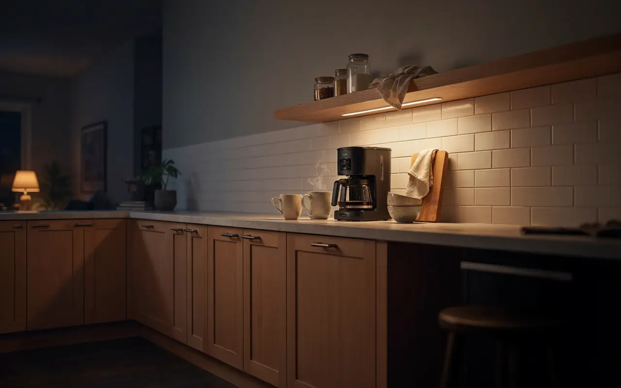 Warm LED strip under an open kitchen shelf lighting a nighttime coffee station with wood cabinets.