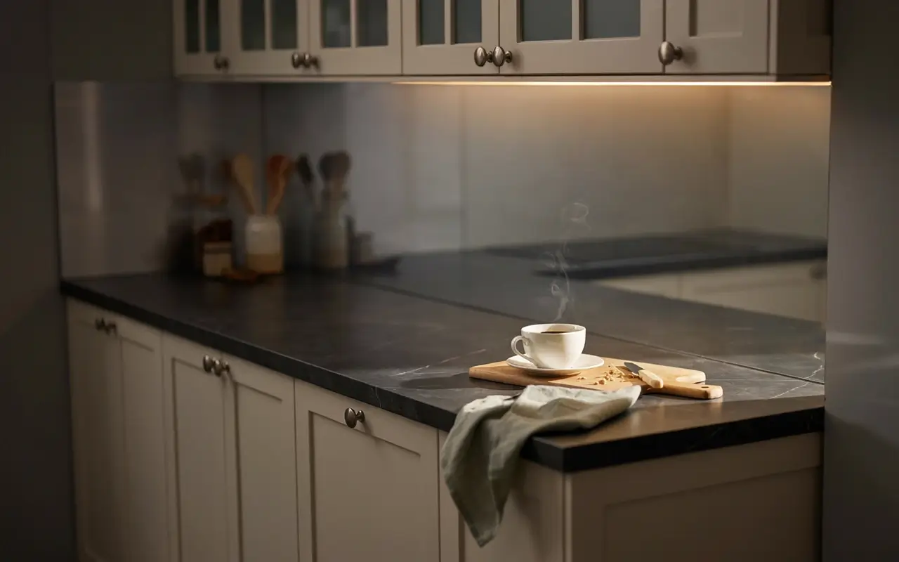 Warm LED strip lighting under upper cabinets glowing over a dark kitchen counter with coffee.