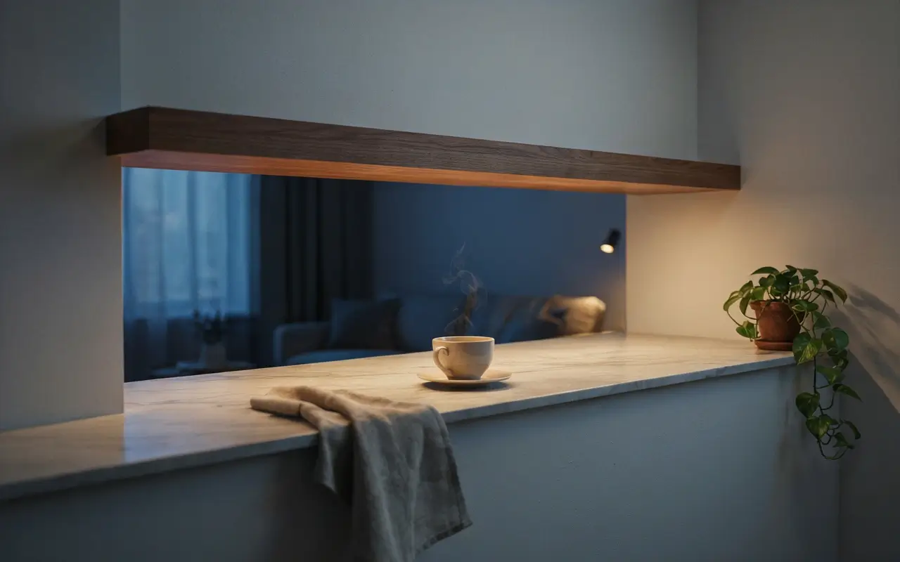 Warm LED strip glowing under a floating shelf above a marble kitchen pass-through with a coffee cup and plant.