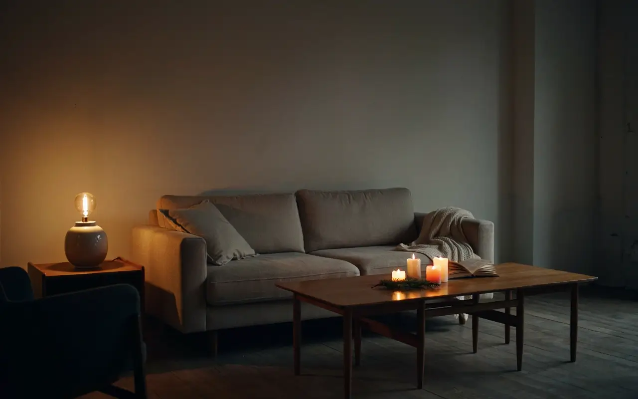 Cozy living room with warm table lamp and candles beside a gray sofa and wooden coffee table.