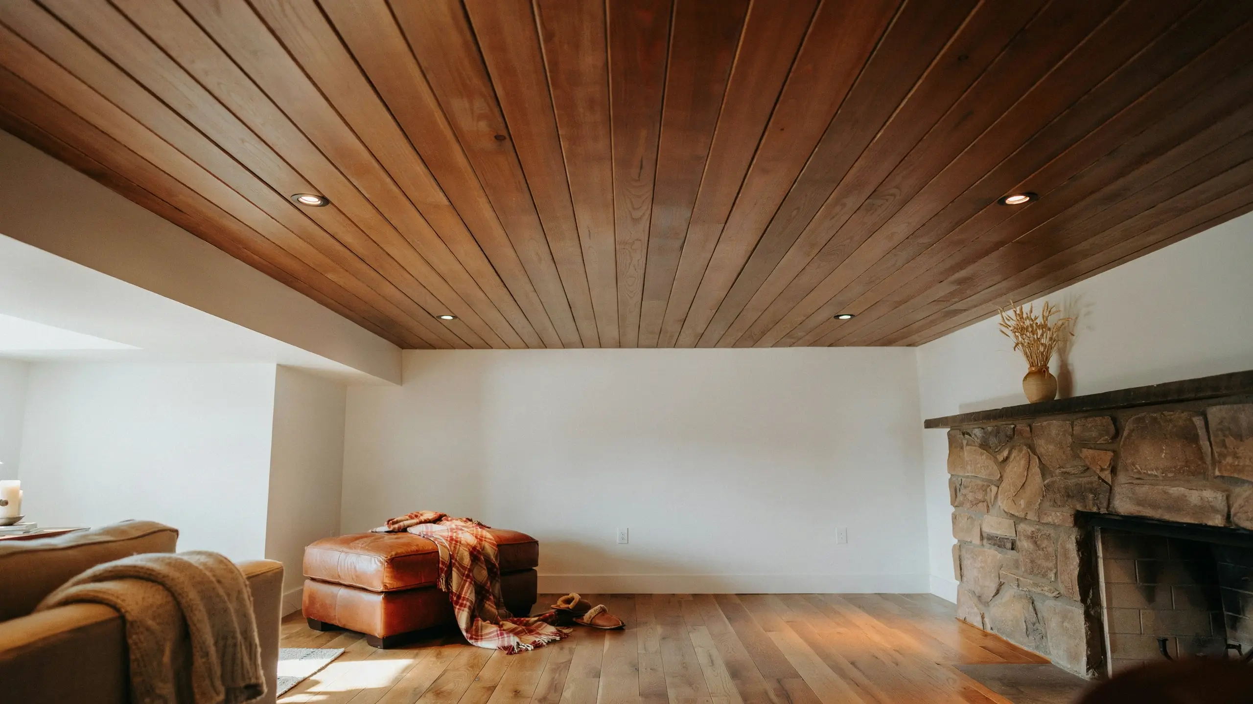 Cozy rustic living room interior featuring a warm wood plank ceiling, a natural stone fireplace, and a brown leather ottoman with a red plaid throw blanket.